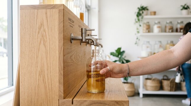Refilling Glass Bottle with Liquid Soap at Modern Zero-Waste Wooden Station