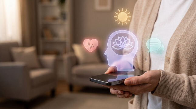 Woman using smartphone with virtual mental health and mindfulness mobile app interface for meditation stress relief emotional wellness and psychology therapy support