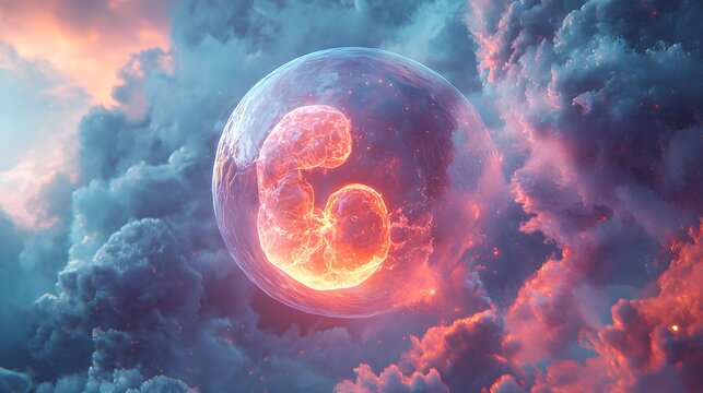Fantasy embryo moon glowing through dramatic clouds in heaven banner