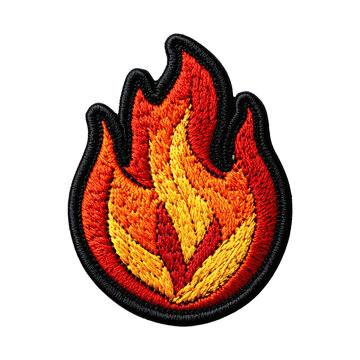 Fire flame patch embroidered with red and yellow threads showing detailed stitching texture isolated as a design on transparent background