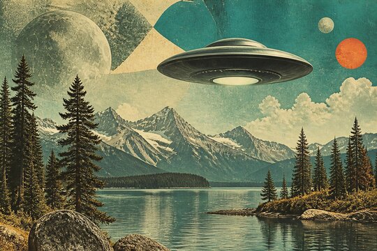 UFO hovers above tranquil lake and pine trees. Mountains rise behind calm waters under surreal sky. Strange planets glow in distant, dreamlike heavens. Nature and alien presence blend in surreal peace