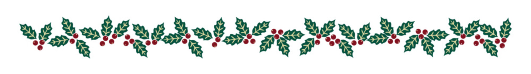 Horizontal holly berry border with green leaves and red berries © Vectors by ROK
