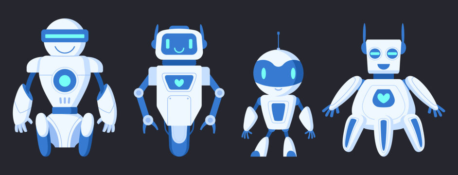 Robot mascot collection. Cute humanoid robots and android characters flat vector illustration set. Futuristic technology icons isolated on dark background