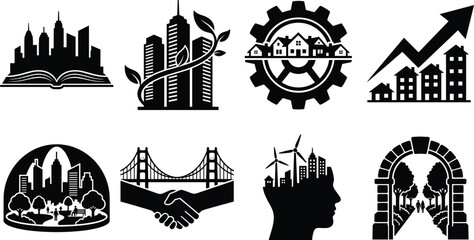 Fototapeta premium Sustainable Urban Infrastructure and Green City Planning Silhouette Icon Set for Architecture and Development