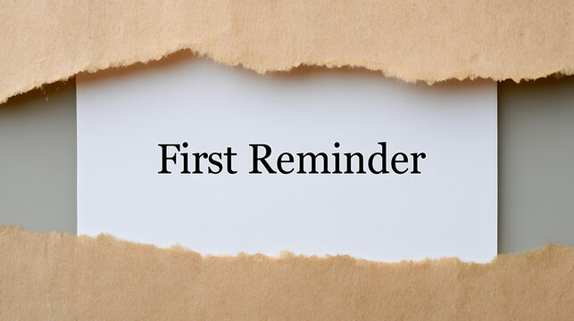 Initial Notification of Action Required: "First Reminder" Text on White Card Revealed Through Torn Brown Paper for Important Notice