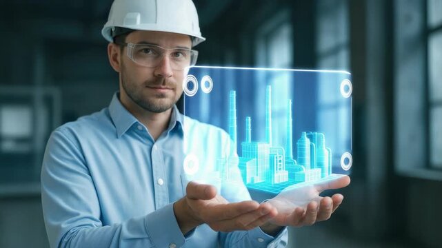 Engineer in hard hat holding holographic city model using augmented reality visualization