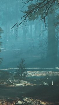 A forest with tall trees stands in soft light during the early morning. Mist covers the ground and creates a cool atmosphere. Sunlight filters through the branches and leaves.