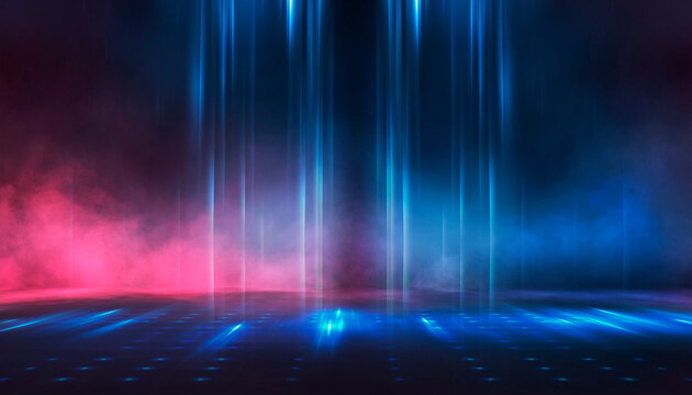 Wet asphalt, reflection of neon lights, a searchlight, smoke. Abstract light in a dark empty street with smoke, smog. Dark background scene of empty street, night view, night city.