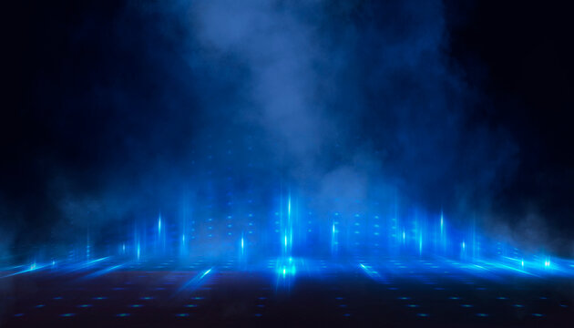Wet asphalt, reflection of neon lights, a searchlight, smoke. Abstract light in a dark empty street with smoke, smog. Dark background scene of empty street, night view, night city.