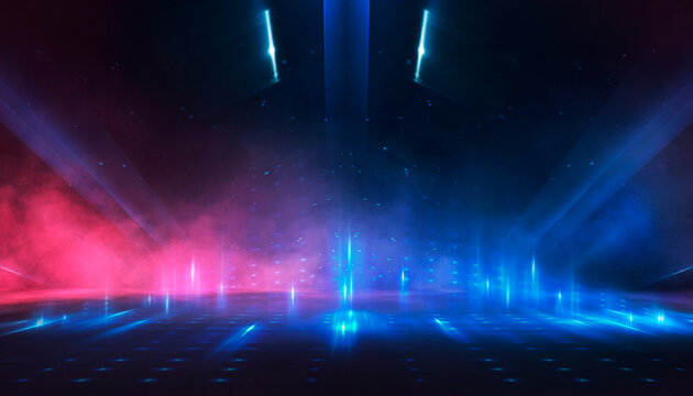 Wet asphalt, reflection of neon lights, a searchlight, smoke. Abstract light in a dark empty street with smoke, smog. Dark background scene of empty street, night view, night city.
