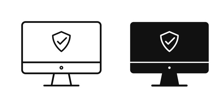 Desktop computer monitor with security shield and checkmark icon in linear outline and solid filled vector styles