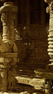 An ancient stone structure with finely carved columns. A bowl rests on the ground beside the columns. Sunlight highlights the stone details in the setting.
