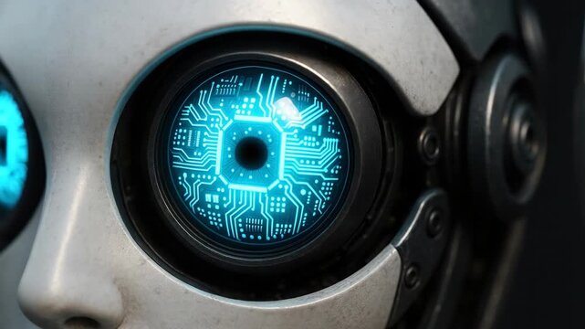 Close-up of a cyborg's mechanical eye with blue circuit-patterned lens and a metallic humanoid face
