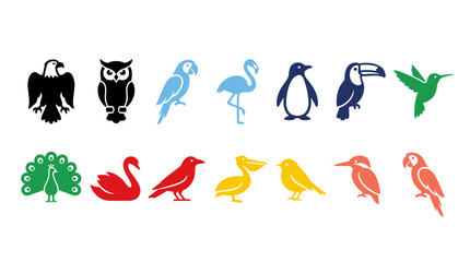 Naklejka premium Collection of Stylized Bird Silhouettes in Various Colors and Species