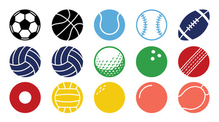 Fototapeta premium Collection of colorful sports balls icons including soccer, basketball, tennis, baseball, football, volleyball, golf, bowling, cricket, and more