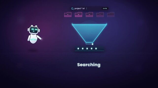 Cute AI robot searching and filtering digital files through funnel in futuristic animation