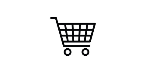 Simple black outline icon of a shopping cart with wheels representing commerce and buying © Kowshik Roy