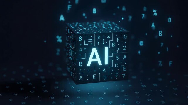 Glowing teal 3D cube labeled AI with circuit patterns and floating code, representing artificial intelligence and futuristic digital technology