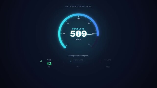 Internet network speed test with download upload and ping gauge dashboard animation