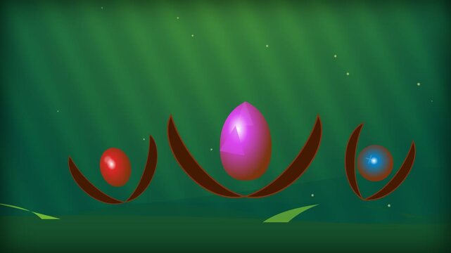 Abstract 3D Animation Featuring Glowing Orbs Rising from Plant Like Structures in Green Environment.