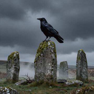 Line Art Crow Travel. Crow Perched On Ancient Celtic Menhir Amidst A Spooky Overcast Sky In Ireland, Evoking The Myth Of The Morrigan
