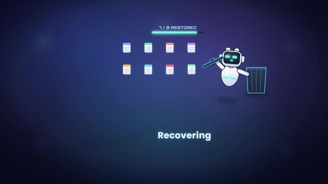 Cute AI robot recovering and restoring deleted files from trash bin in futuristic animation