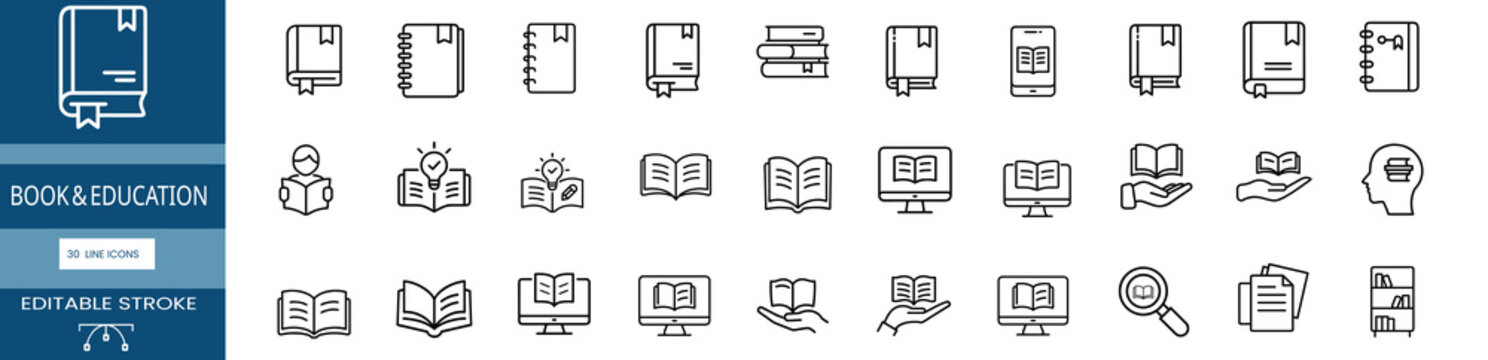 Book & Educational journal line icons set, academic notebook, online library reader, school handbook manual tutorial & more vector illustration with editable stroke.