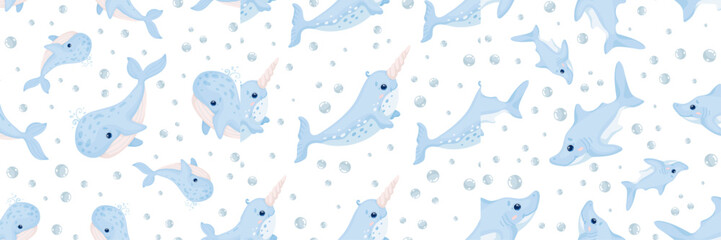 A set of children's seamless patterns with cute cartoon sea creatures: a blue whale, a narwhal, a baby shark, and air bubbles. Vector graphics. © Катерина Якубович