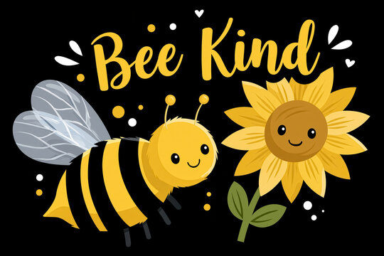 Charming Bee Kind Graphic, a cute cartoon bumblebee with translucent wings smiles next to a cheerful sunflower beneath a stylized yellow phrase written across a solid pitch-black background