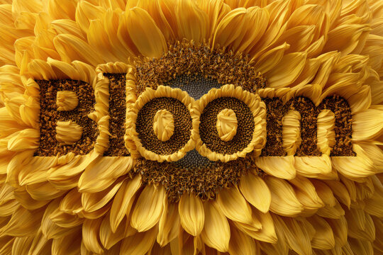 Vibrant Sunflower Bloom, the word "Bloom" is intricately sculpted into the center of a giant sunflower, utilizing textured brown seeds and layered yellow petals to form the creative typography