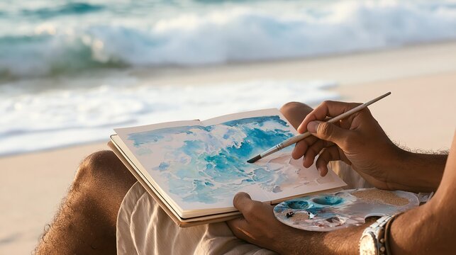 Artist painting ocean waves on beach