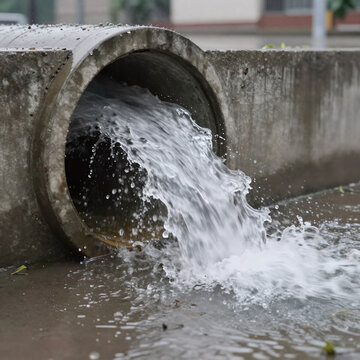Low Poly Storm Drain. Following Heavy Rainfall, Water Gushes From A Storm Sewer