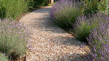 Fototapeta premium A winding gravel path bordered by lush lavender and green foliage