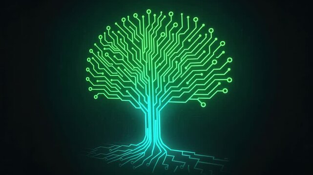 Glowing neon circuit-tree illustration merging technology and nature, a digital network with branching circuitry and root-like connections