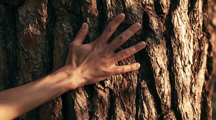 Fototapeta premium A hand rests gently on the textured bark of a tree