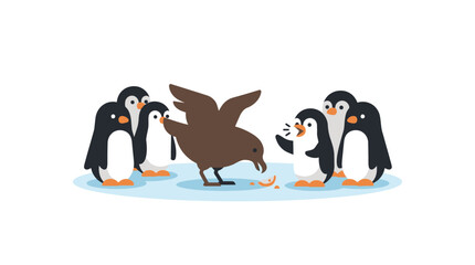 Penguins surrounded by a bird scavenging for food on ice © MHM99
