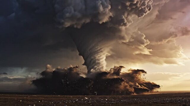 Large tornado vortex descending from dark supercell storm cloud over flat prairie during dramatic sunset with orange sky light and debris swirling at the base of the funnel cloud.