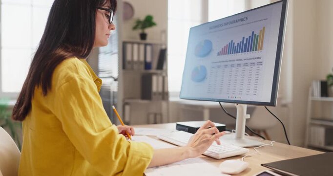 Woman accountant analyst reviews finance analysis charts. She works on a computer in an office, checking paperwork, planning, reading graphs. Clear business finance analysis concept insight.