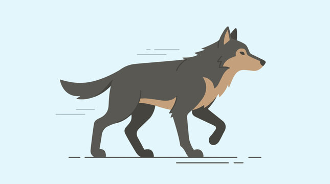 Stylized flat design cartoon wolf walking against a light blue background in a playful