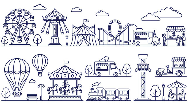 Amusement park flat outline set with fair attractions.