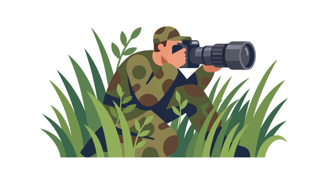 Camouflaged Photographer Hiding in Grass with Telephoto Lens