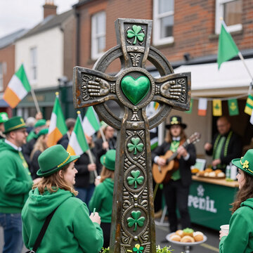 African Tribal Art Ring Knot. St. Patrick'S Day Celebration In Ireland, Featuring An Irish Celtic Cross With Claddagh Ring Heart And Hands Design
