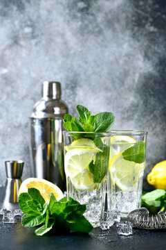 Cold summer lemon and mint cocktail in a tall glass.