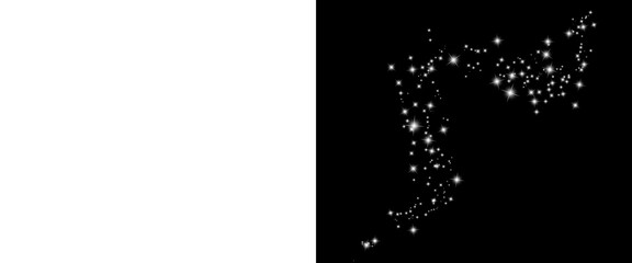 Sparkling white stardust trail on black background, glowing magic glitter particles, ethereal light bokeh effect for festive overlay © Graphix Hub