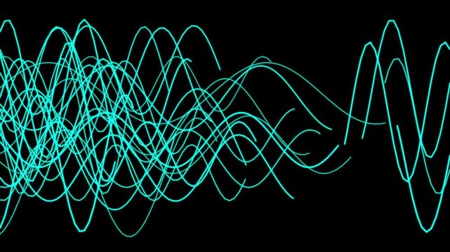 Abstract digital sound wave animation, neon blue audio frequency visualization on 4k black background