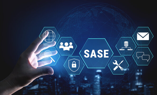 Hand Reaching Toward SASE Concept with Digital Icons Representing Security, Networking, and Communication Over a Global Background. Glyphic.