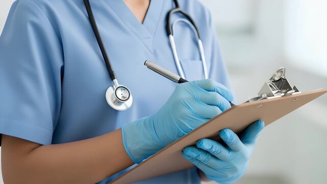 Professional healthcare provider wearing blue scrubs and protective gloves writing medical notes on a wooden clipboard while carrying a stethoscope around their neck in hospital settings.