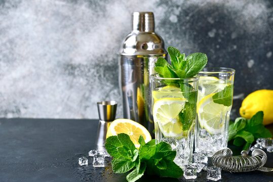 Cold summer lemon and mint cocktail in a tall glass.
