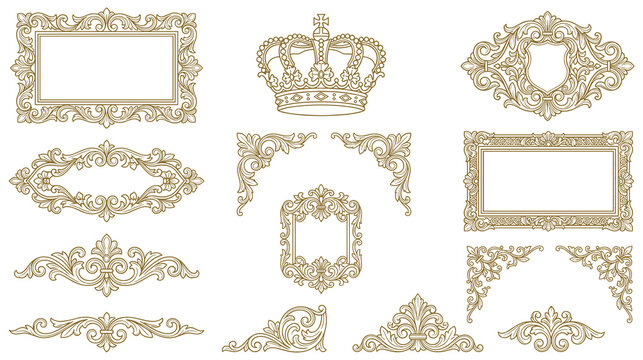 Vintage floral ornaments and decorative borders set gold.