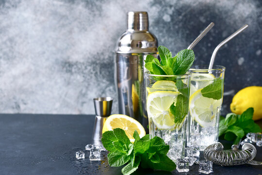 Cold summer lemon and mint cocktail in a tall glass.